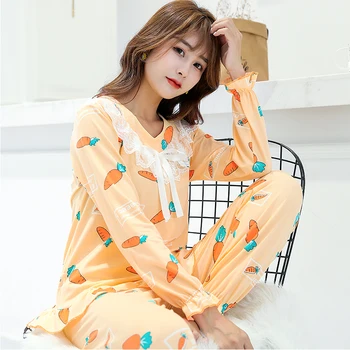 

2020 Women Comfortable Pyjamas Plus Size 3XL 4XL Long Sleeve Casual Homewear Spring Pajama Sets Cotton Satin Sleepwear Set