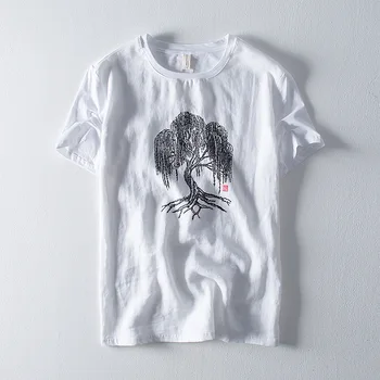 

ZHIJING Summer New Style Chinese-style Willow Embroidered Linen T-shirt Men Casual tee Crew Neck Pullover T-shirt MEN Top Tshirt
