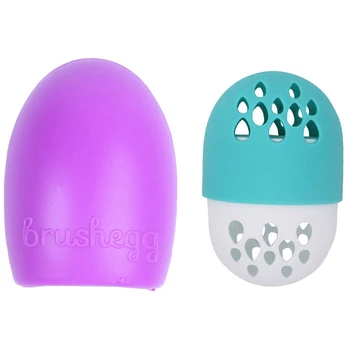 

1 Pcs Cleaning Glove MakeUp Washing Brush Dark Purple & 1 Pcs Soft Silicone Powder Puff Drying Holder Sky Blue