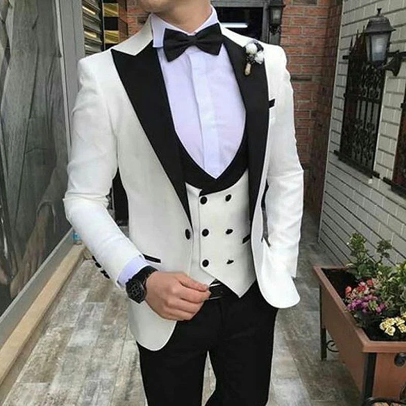 

3 Piece Slim Fit Suits for Men Fashion Wedding Tuxedo Male Costume Jacket Waistcoat with Black Pants Peaked Lapel Clothes New