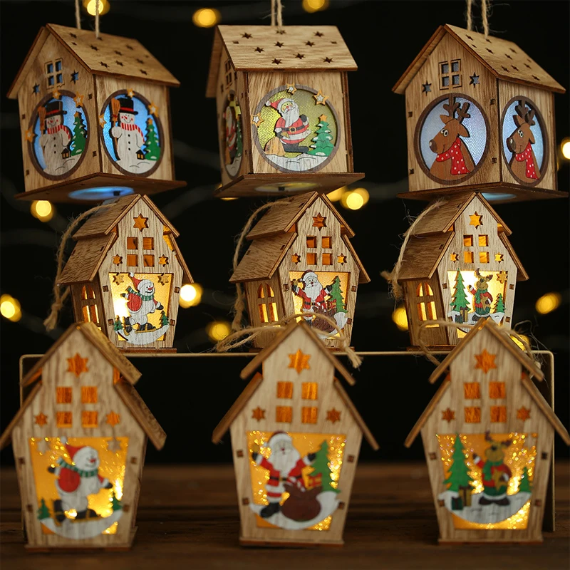 DIY Christmas New Year Wooden Christmas Lighted Cabin Assembling Small House Christmas Tree Ornaments Glowing Colored Cottage