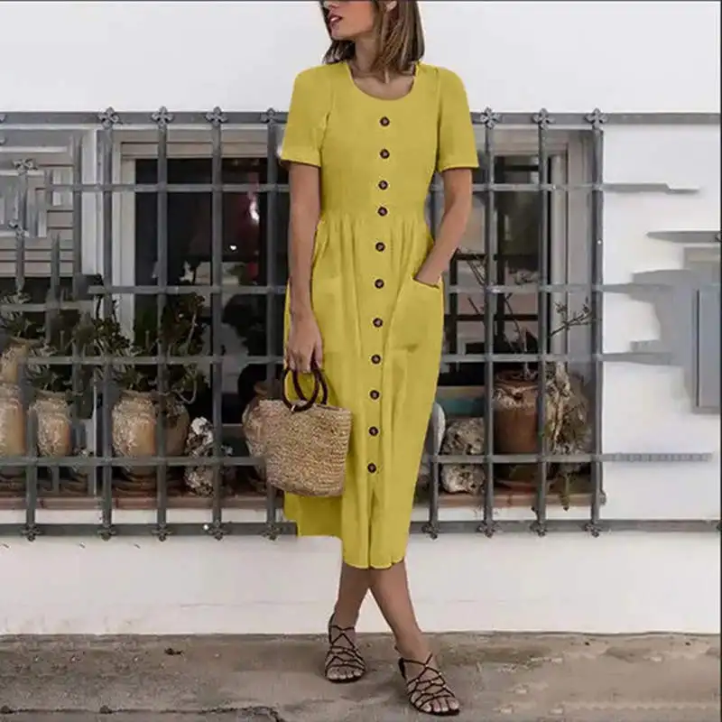 yellow GAOKE элегантное ТРАПЕЦИЕВИДНОЕ хлопковое льняное женское летнее платье, однотонное офисное женское платье с коротким рукавом, платье на пуговицах - Цвет: yellow