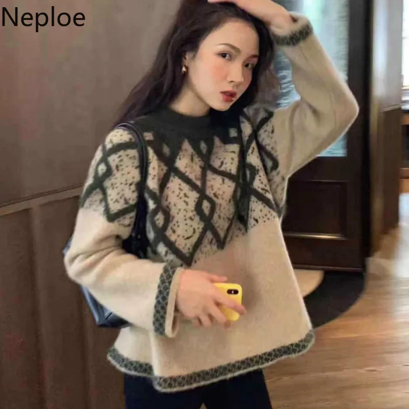 Neploe, Свободный пуловер в сумасшедшем стиле, свитер с круглым вырезом и длинным рукавом в стиле пэчворк, Женская осенне-зимняя одежда, Вязанный свитер, Mujer 47672