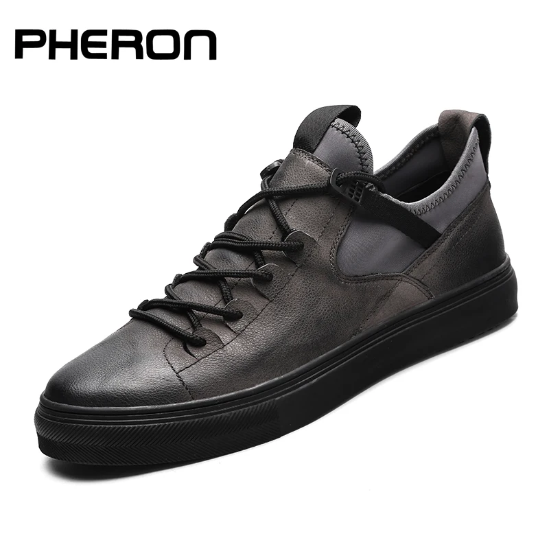 

PHERON Genuine Leather First Grade Cow Leather Sneakers Men's Casual Shoes Fashion Male Lace up Flats Breathable Black Shoes