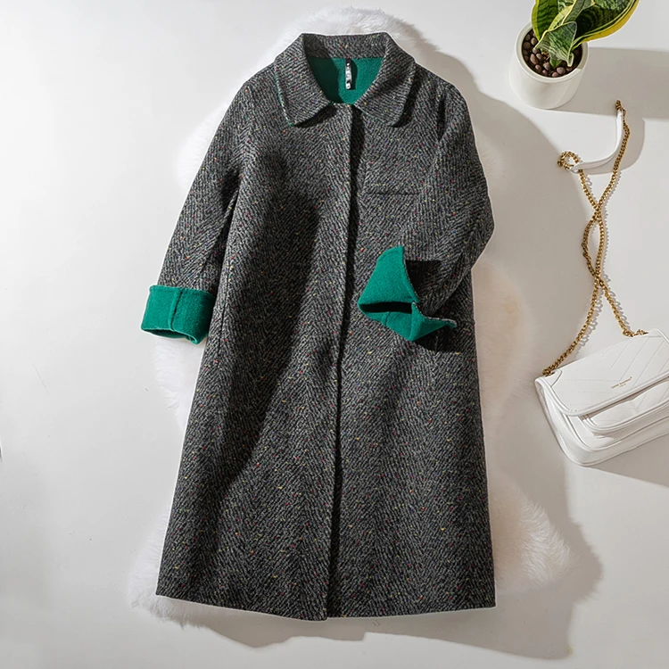 Зеленый Cthink, шерсть, теплое зимнее длинное пальто, модное, контрастный цвет, модное, твидовое, шерстяное, Женское пальто, хорошее качество, женская верхняя одежда - Цвет: Зеленый
