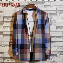 KUANGNAN хлопок мужская клетчатая рубашка модные мужские рубашки с длинным рукавом мужские повседневные тонкие рубашки Fit 5XL уличная Осень новинка
