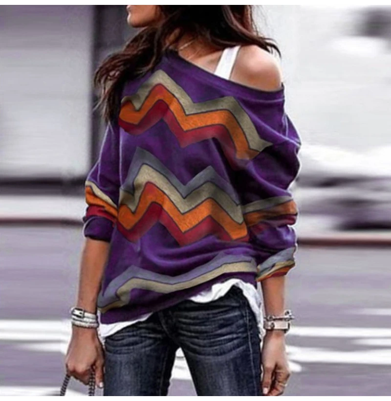 Autumn Winter Women T Shirts Geometric Long Sleeve Tee Shirt Top Sexy One Shoulder Female Plus Size Streetwear Ladies - Цвет: Фиолетовый