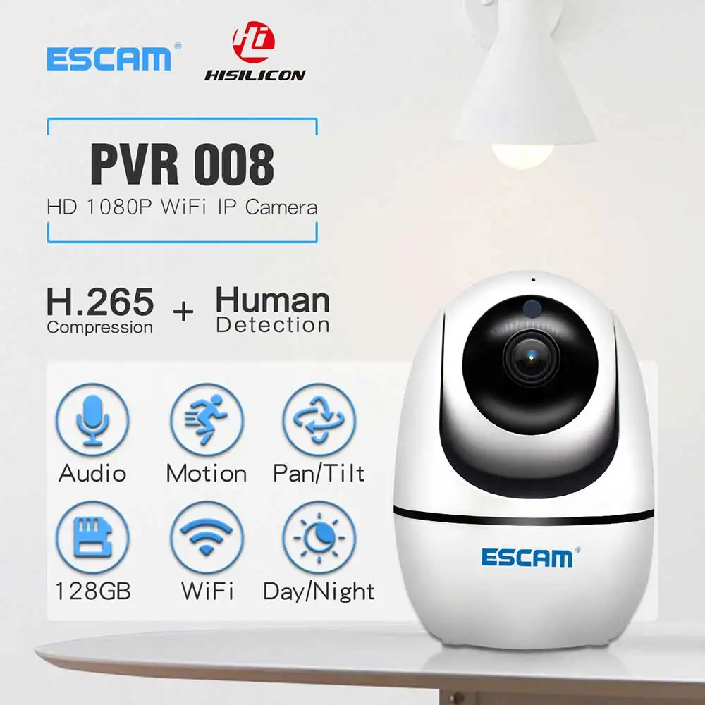 

2019 NEW ESCAM PVR008 2MP 1080P WiFi IP Camera Auto Tracking Wireless PTZ ONVIFCamera Motion Detection Surveillance Camera