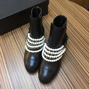 

Winter Women's Boots String Bead Design Flats Boots Genuine Leather Women's Boots Round Toe Zipper Ankle Boots Size