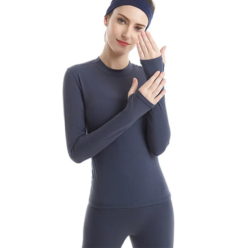 Autumn New High Collar Yoga Top Long Sleeve T-shirt Women Elastic Slim Thumb Hole Solid Color Running Sport T-Shirt - Color: Blue