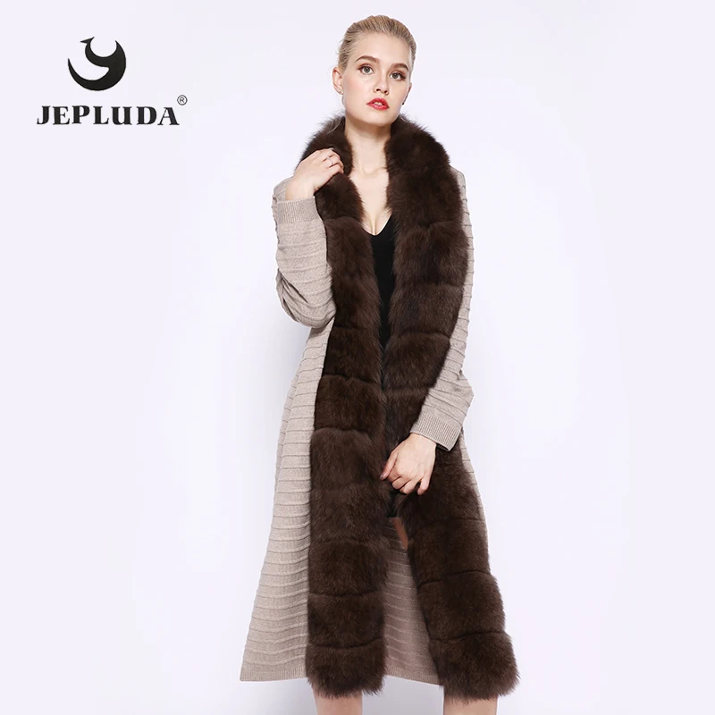 JEPLUDA, модный длинный свитер, зимнее пальто для женщин, высокое качество, шерсть, смесь натурального Лисьего меха, зимняя меховая куртка, настоящее меховое пальто для женщин