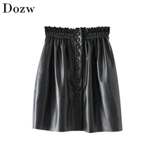Женские черные плиссированные мини-юбки из искусственной кожи, стильные эластичные женские юбки на талии, Элегантные Женские однотонные юбки из искусственной кожи