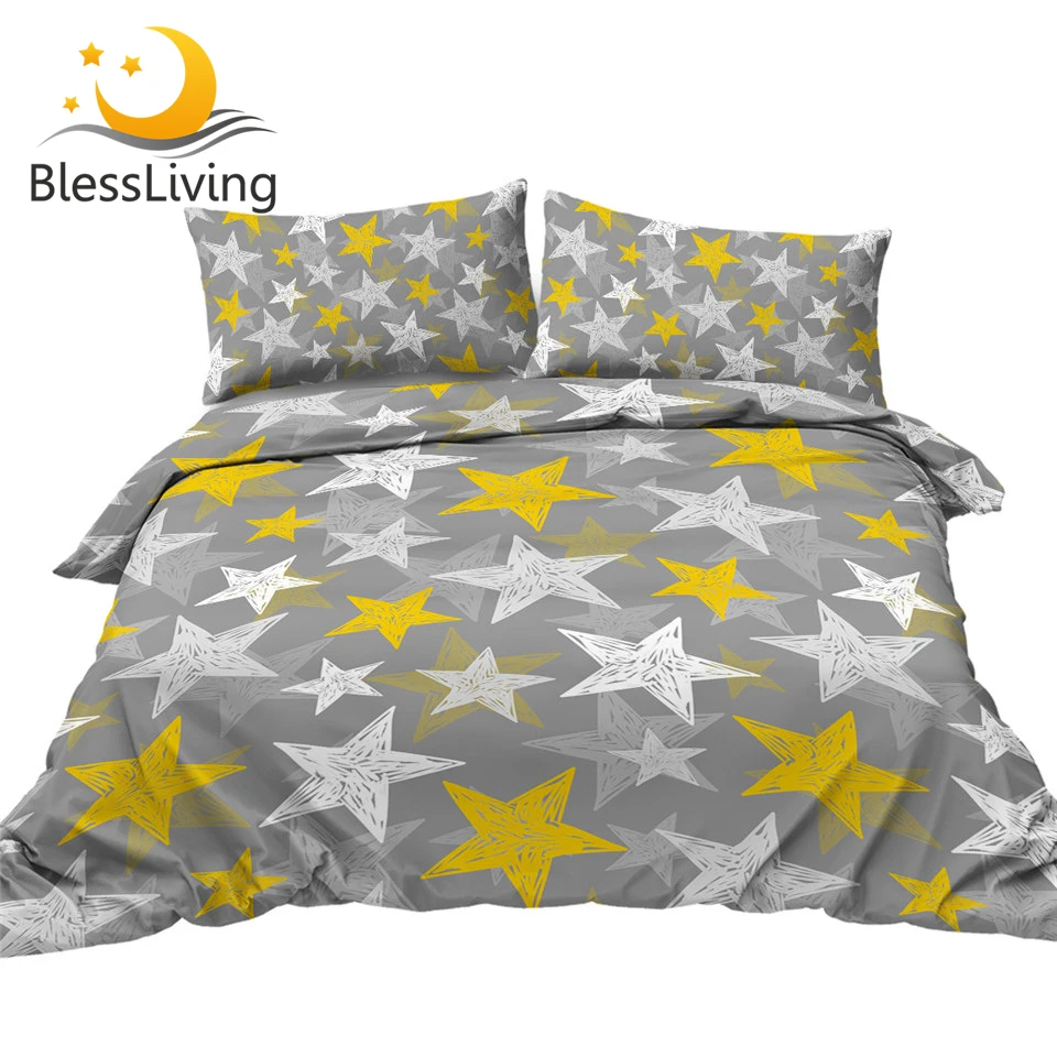

BlessLiving Stars Bedding Set Yellow White Grey Duvet Cover Graffiti Bed Set King Size Modern Bedspread Cozy Home Decorations