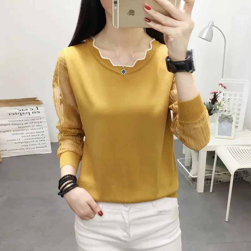 OHCLOTHING, новинка, кружевной свитер, Женская Нижняя блуза с длинным рукавом, свободная Весенняя НОВАЯ тонкая трикотажная блузка, трендовая блузка