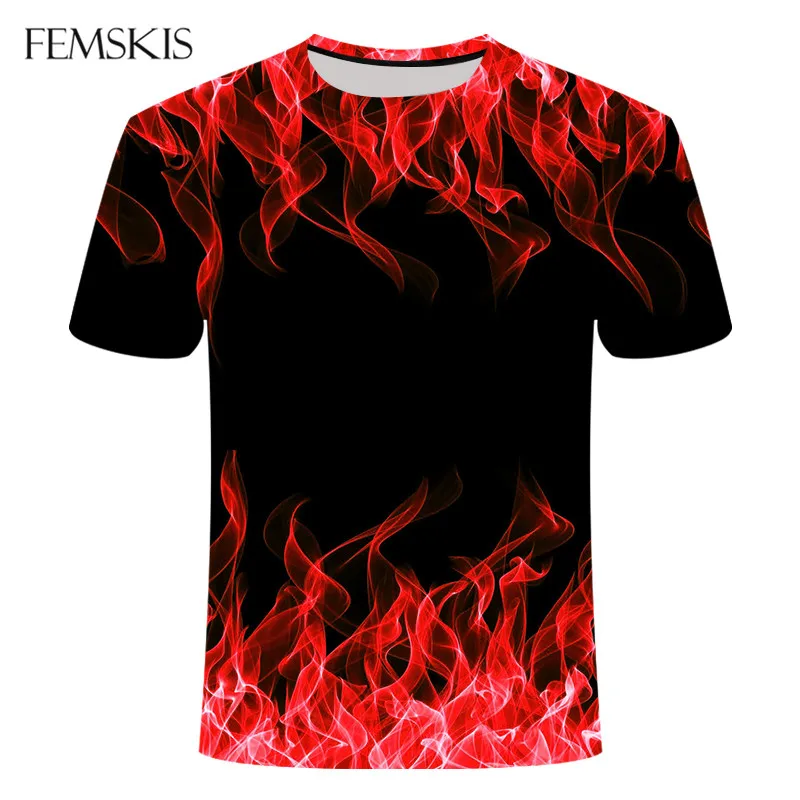 

FEMSKIS Personality Mens Women Flame 3D Printed T Shirt Fashion Short-sleeved Loose Pullover O-neck T-shirt Cool Clothes Top Tee