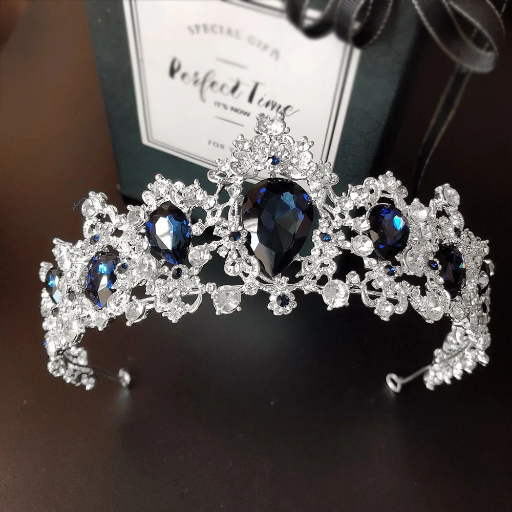 Baroque Luxury Silver Color Blue Crystal Bridal Jewelry Sets Necklace Earrings Tiara Crown Set Wedding African Beads Jewelry Set