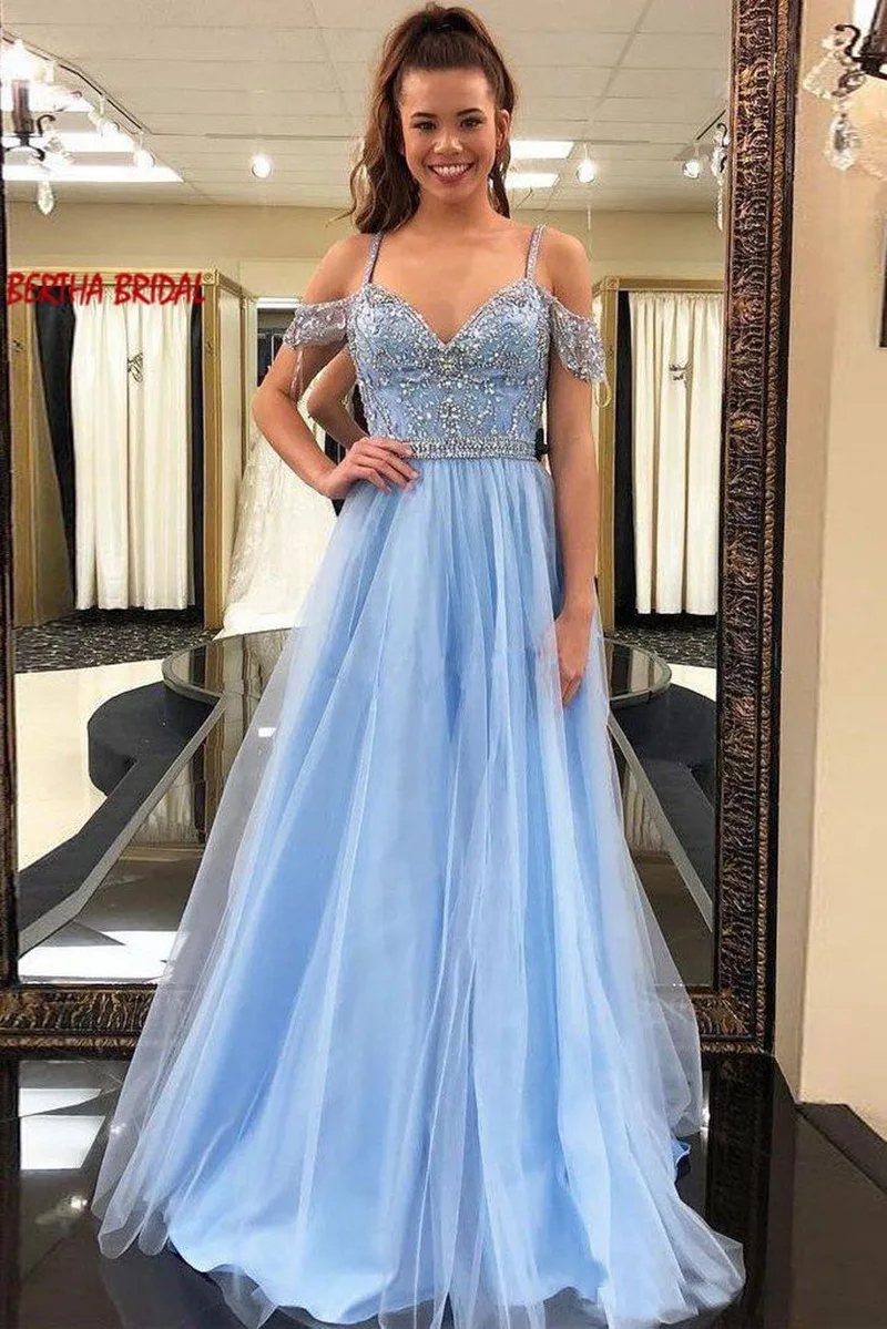 Vestidos De Fiesta De Noche платья подружки невесты с бусинами с открытыми плечами тонкие лямки тюль платье для свадьбы выпускного вечера вечерние платья - Цвет: color as picture