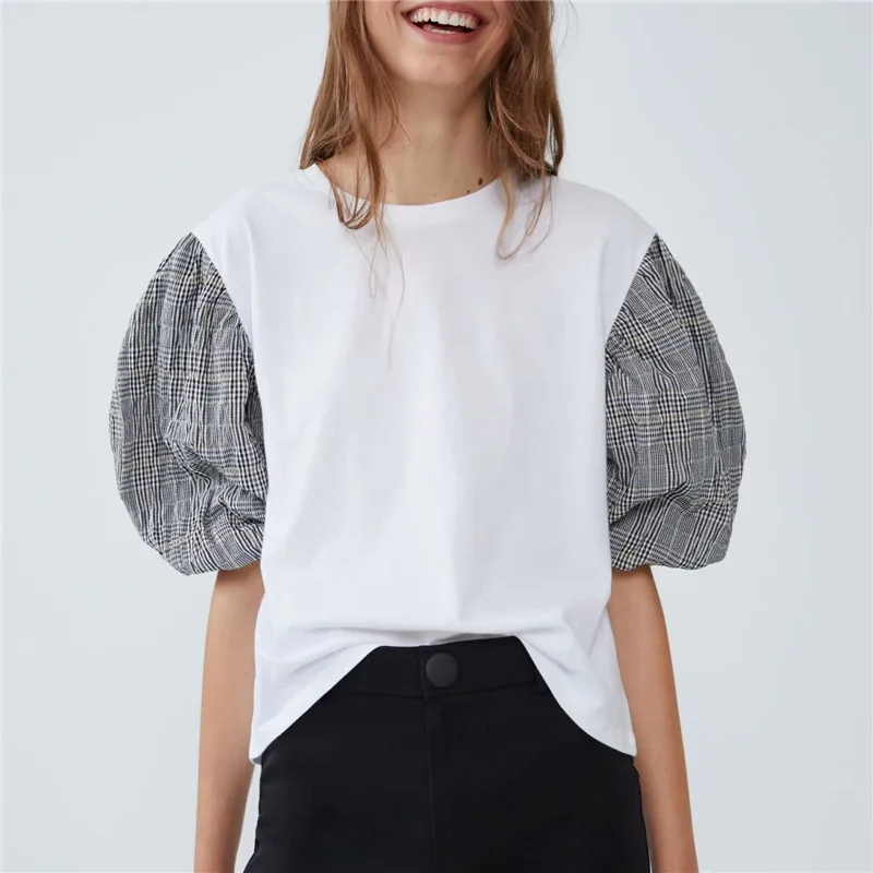 

Vintage Stylish Patchwork Plaid Tops Women Blouses O Neck Lantern Sleeve Ladies Shirts Mujer blusas mujer de moda