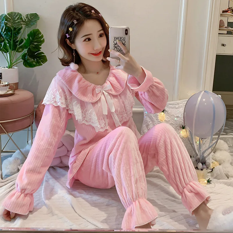

Flannel Pajamas Women's Autumn Winter Suit Solid Color Double Faced Mink Velvet Sweet Princess Style Home Wear Two Piece Set