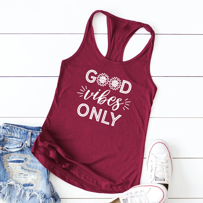 Жилет Good Vibes Only, модные безрукавки с принтом подсолнуха, женская футболка с принтом в виде рацеобразной спины, футболка в стиле бохо, новая летняя позитивная надпись