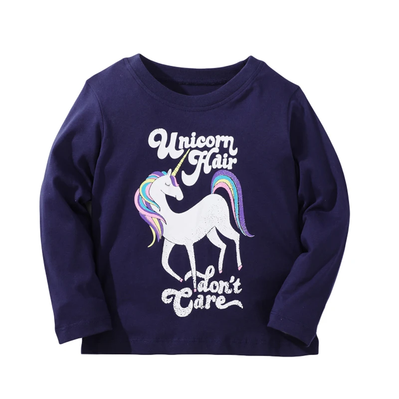 

Jumping Meters Girls T-shirt Autumn Cartoon Colourful Unicorn Pattern Casual Crew Neck for Long Sleeve Top Navy Blue 2-7years