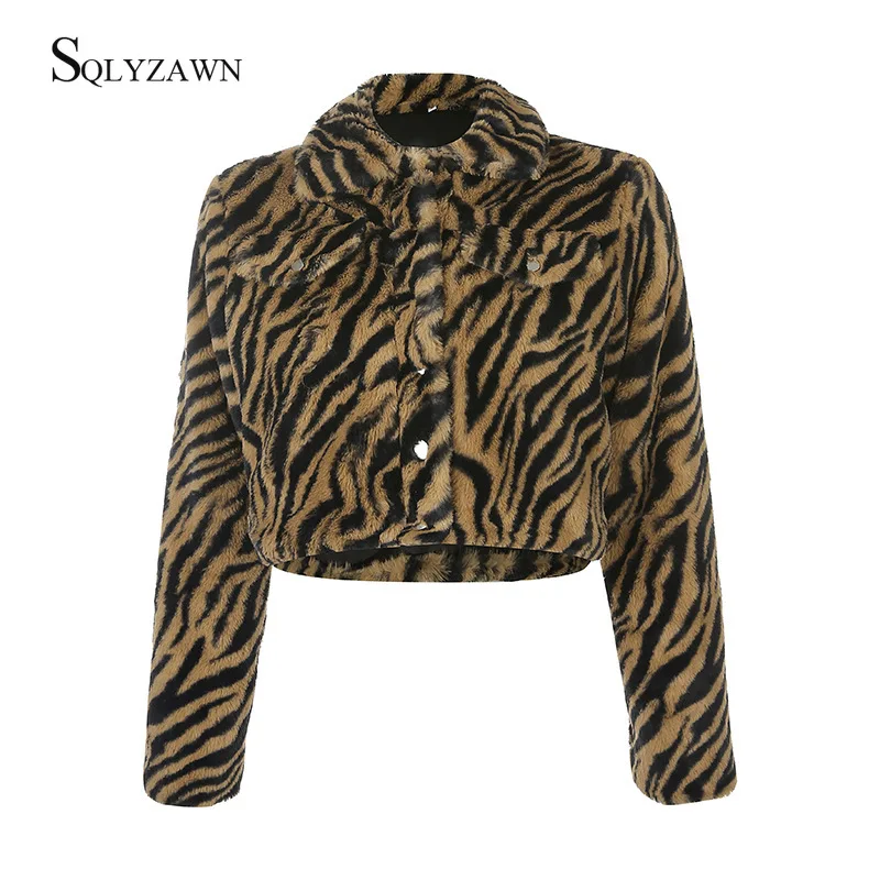 Rabbit Fur Short Coat Women Autum Winter Tiger Print Single-breasted Pocket Long Sleeve Warm Soft Fur Coat Jacket Outerwear