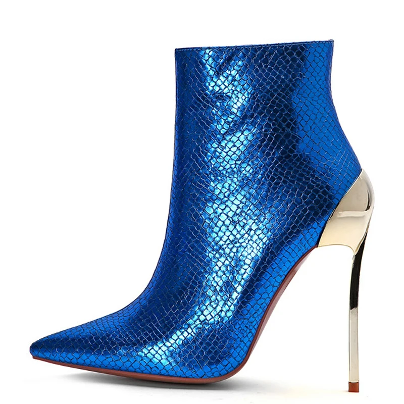 

Blue Gray Chelsea Boots Winter Women's Snakeskin Pattern Ankle Boots Woman Shoes Pointed Toe Martin Boots