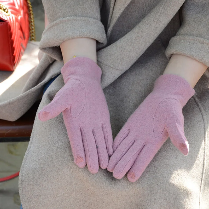 Women touch Mitten Gloves Winter Women Warm Cashmere Full Finger Leather Bow Gloves Wool Embroidery Touch Screen Gloves C23