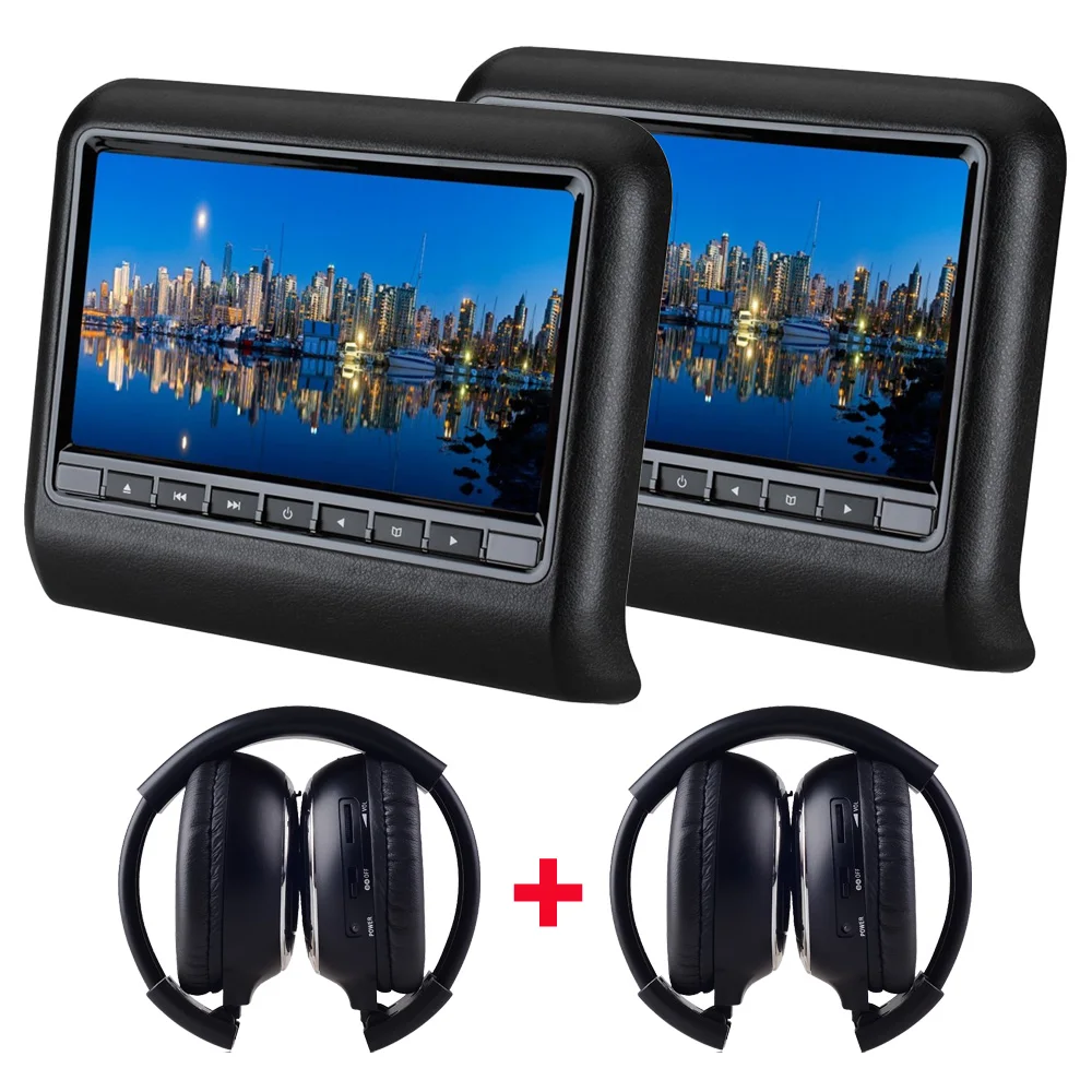 2 шт. X 9 ''DVD подголовник универсальный подголовник для автомобильного сидения Монитор ТВ Авто av монитор MP5 подголовник TFT lcd RCA экран и бесплатные два наушника - Цвет: Черный