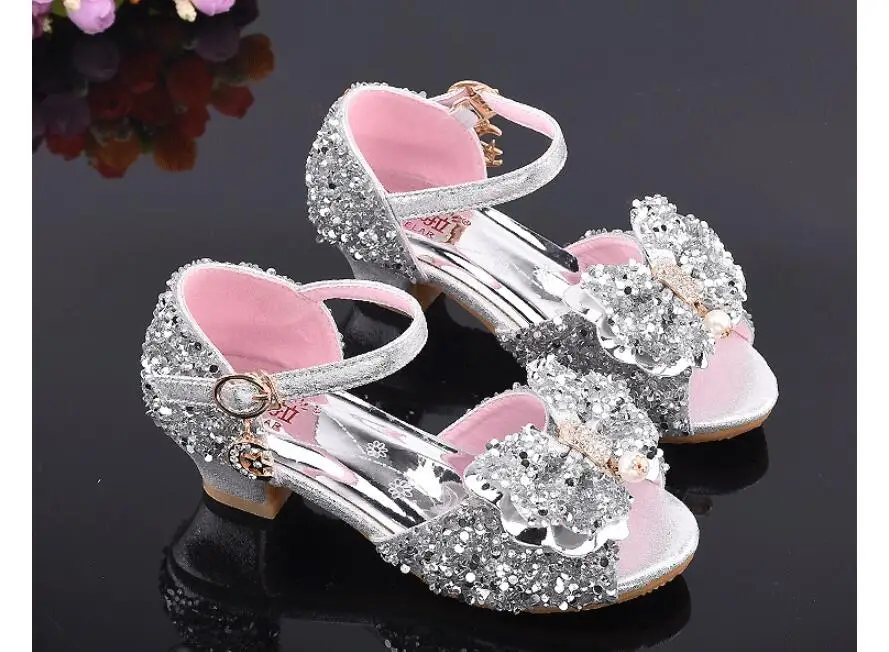 Children Princess Sandals Kids Girls Wedding Shoes High Heels Dress Shoes Bowtie Gold Pink Blue Silver Shoes For Girls