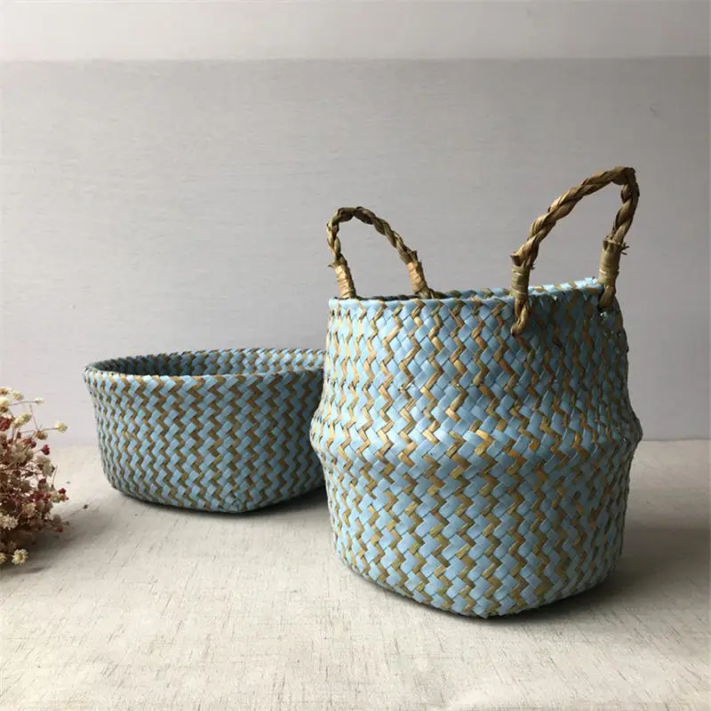 

2019 Foldable Handmade Seagrass Storage Basket Wicker Rattan Belly Straw Garden Flower Pot Wave Pattern Planter Clothes Basket