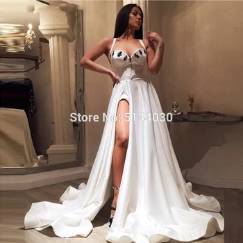 

Vestido De Festa White Evening Dress Long Satin A-Line Sweetheart Spaghetti Strap Court Train Formal Party Evening Dresses 2019