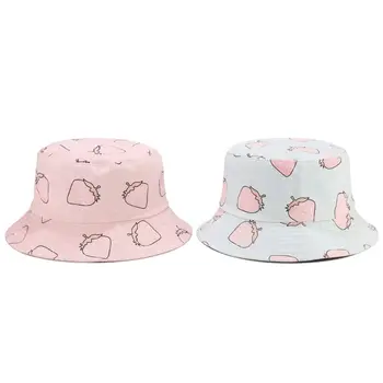 

Women Summer Strawberry Fruit Print Bucket Hat Reversible Double Sided Outdoor Sunscreen Vacation Packable Fisherman Cap