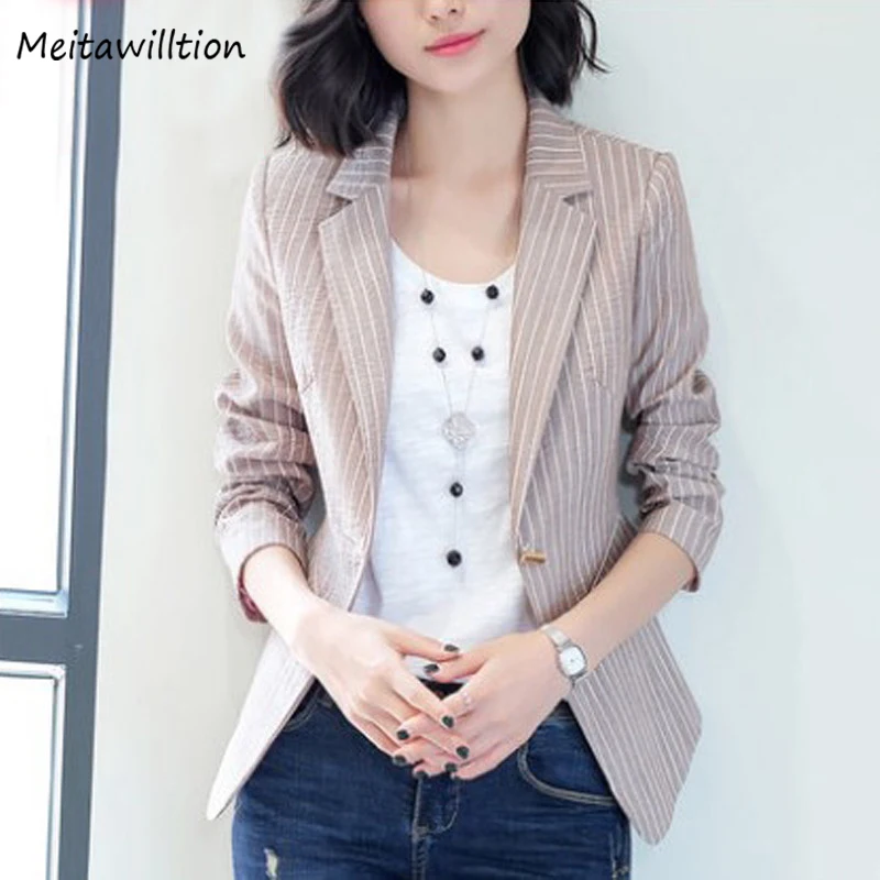 

Autumn Winter Women Chic Blazer Lady Striped Suit Jacket 2019 Vintage Long Sleeve Pockets Office Coat Slim Tops