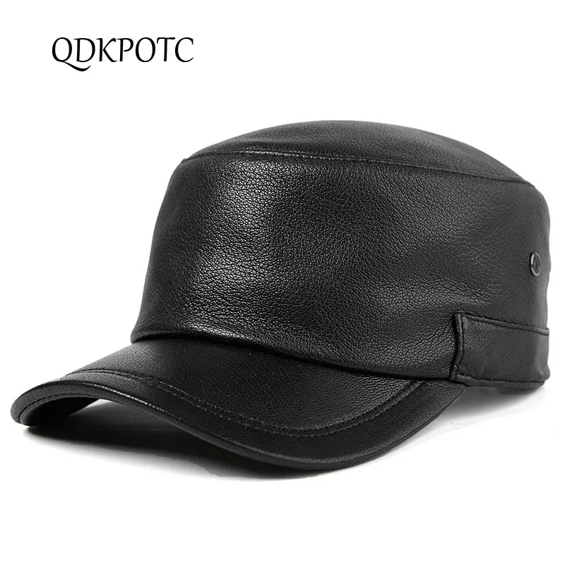 

QDKPOTC Autumn Winter New Men Hat Top Goat Leather Military Hats 2019 Middle Aged Men Travel Leisure Flat Cap