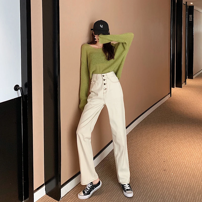 Jeans Women's High Waist Wide Leg Denim Pants Simple All-match White Loose Fashion Harajuku Womens Chic Casual Trousers | Женская