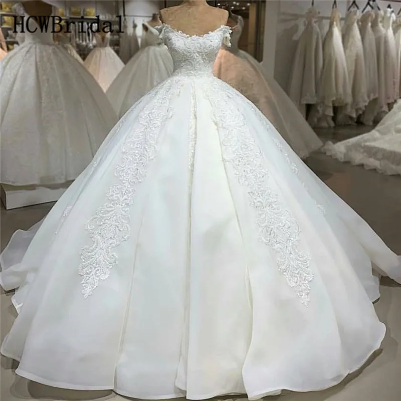 Роскошное кружевное бальное платье с аппликацией, свадебные платья, высокое качество, с открытыми плечами, с коротким шлейфом, слоновая кость, принцесса свадебное платье