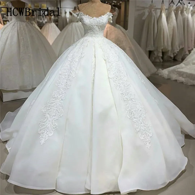 

Luxury Lace Appliques Ball Gown Wedding Dresses 2019 High Quality Off The Shoulder Sweep Train Ivory Princess Bridal Dress