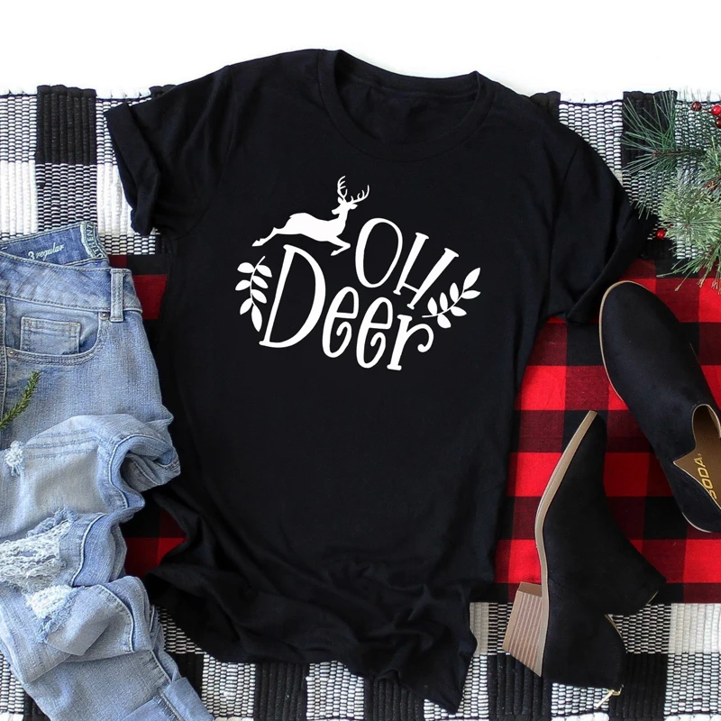 

Oh Deer Christmas T-shirt Unisex Women Tumblr Graphic Funny Cotton Tees Tops Vintage Crewneck Holiday Party Tshirt Drop Shipping