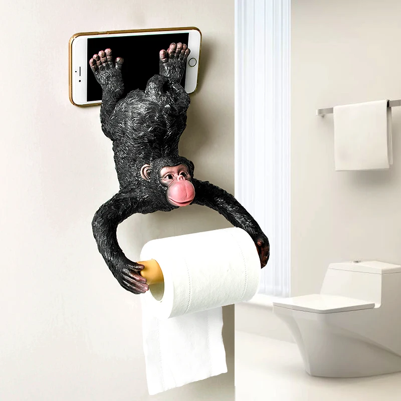 Gibbon Statue Wall Decoration Toilet  Tissue Holder Loo Ledge Black Monkey sculpture figurines Hanging Roll Tissue holder