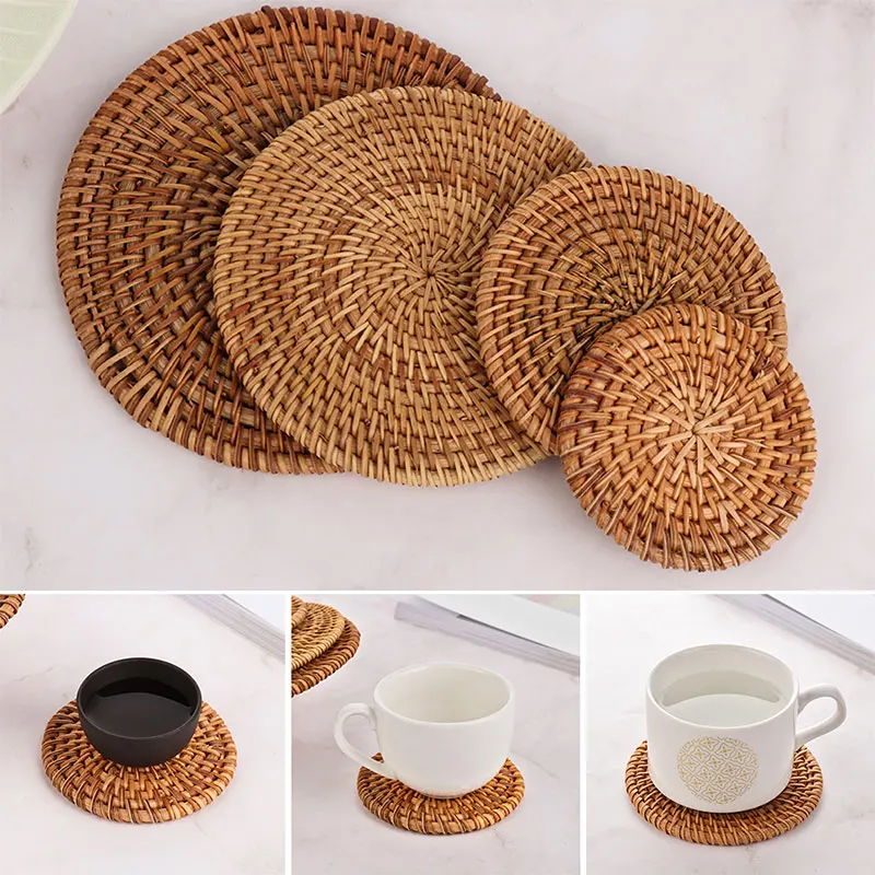 

3PC Round table mat Natural Rattan Coasters Bowl Pad Handmade Placemats Table Padding Cup Mats Kitchen Decoration Accessories