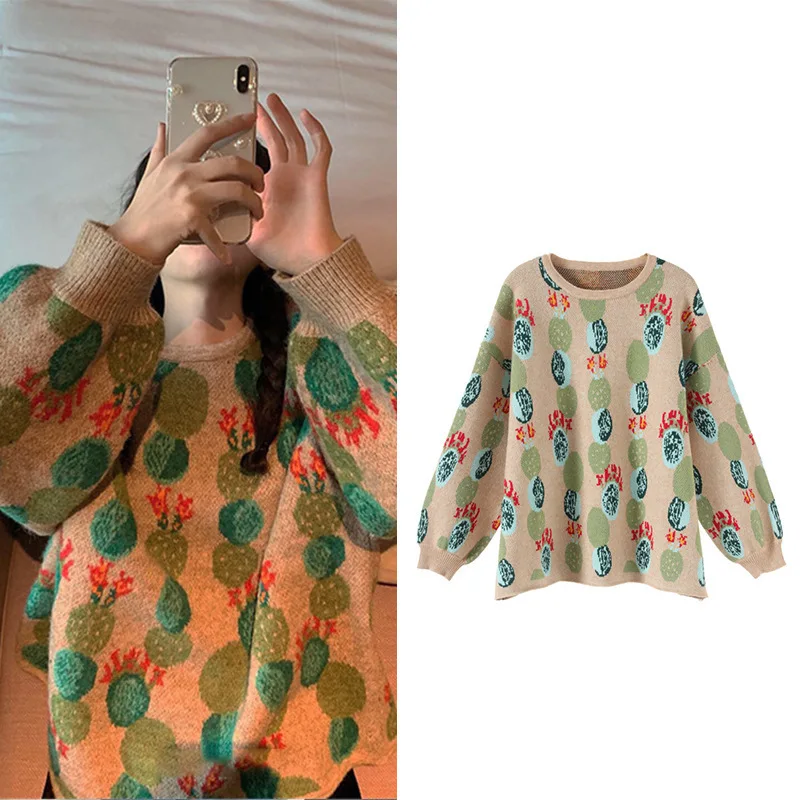

New retro lazy color blocking cactus pattern loose Pullover knitted sweater women sa1056