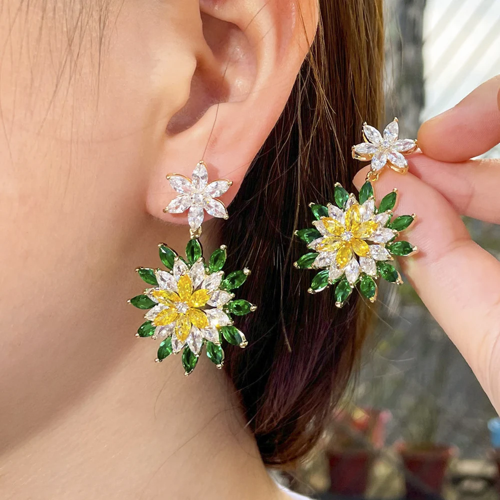 

ThreeGraces Exquisite Green Cubic Zirconia Flower Shape Long Dangle Earrings for Women Fashion Wedding Party CZ Jewelry ER657