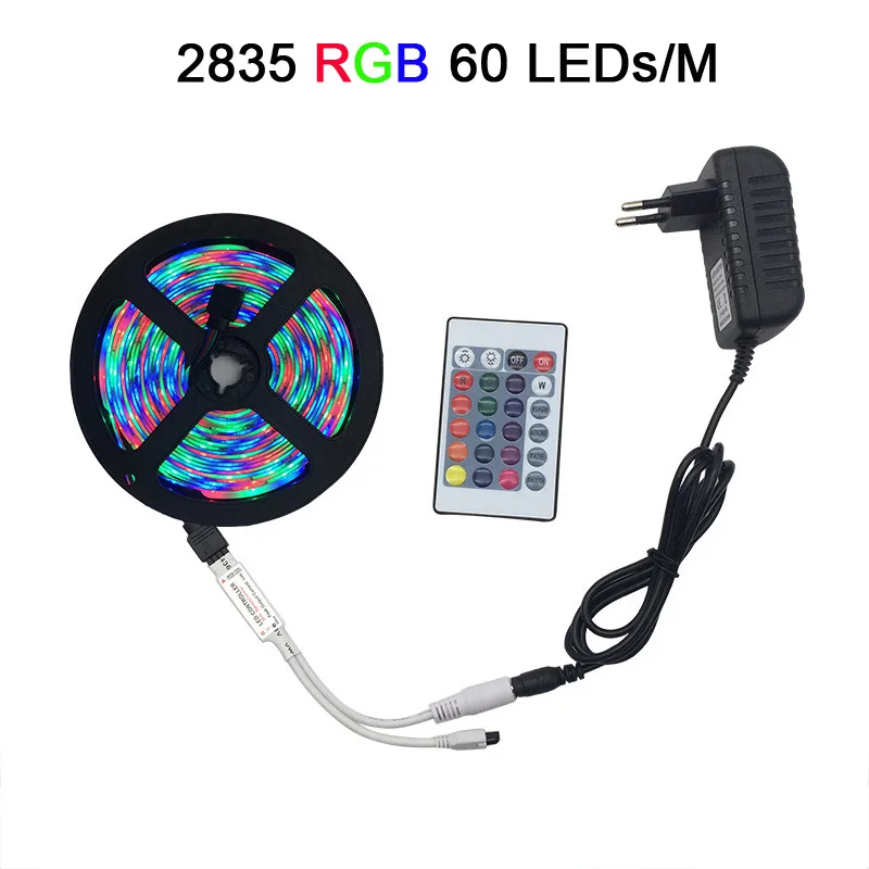 SMD RGB Светодиодная лента светильник 5050 2835 10 м 5 м светодиодный светильник rgb светодиодный s Лента Диодная лента гибкий контроллер DC 12 В адаптер Комплект - Испускаемый цвет: RGB 2835 60LEDs 1M