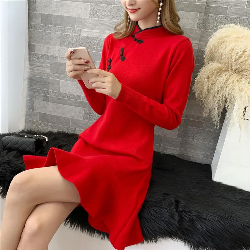 Красный Женский осенний женский длинный свитер с диагональной пряжкой cheongsam с длинными рукавами женский свитер пуловер рыбий хвост - Цвет: Красный