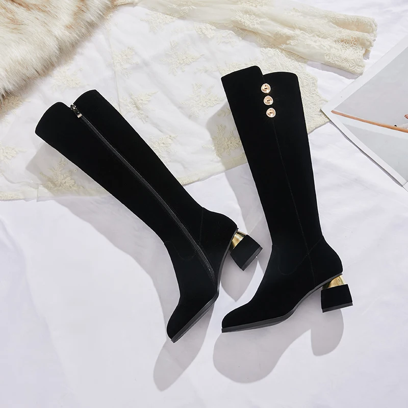 tylish Ladies Boots High Quality Genuine Leather Handmade Round Toe Shoes Casual Zipper Square Heel Women Boots size 34-43