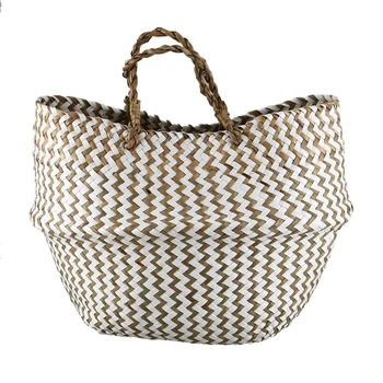 

Foldable Handmade Seagrass Storage Basket Wicker Rattan Belly Straw Garden Flower Pot Wave Pattern Planter Clothes Basket Beige