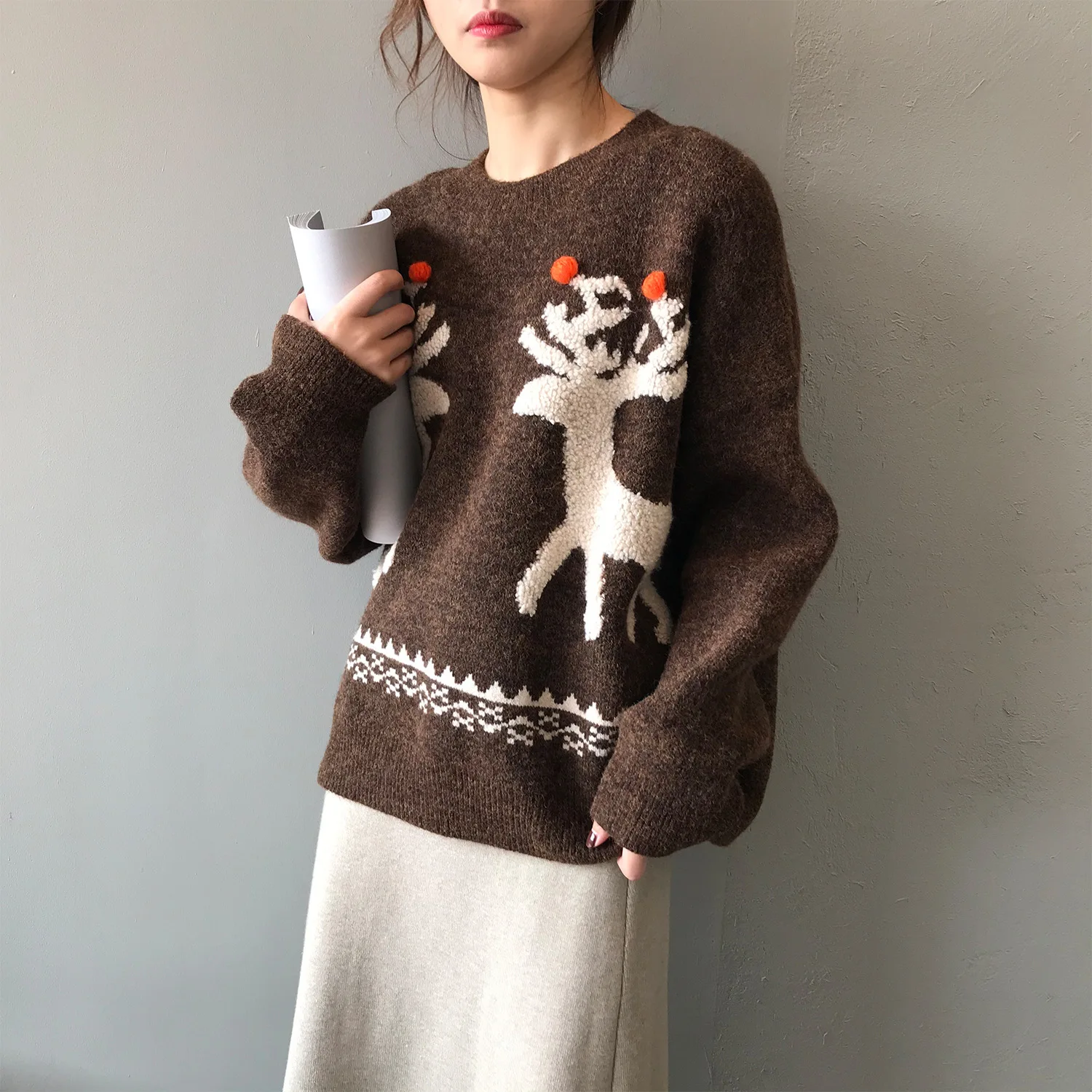 HXJJP Зимний красный Рождественский женский свитер с лосем женский свободный ретро вязаный пуловер с круглым вырезом и длинным рукавом - Цвет: Coffee