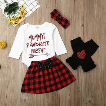 

Emmababy 4pcs Xmas Newborn Baby Girl Christmas Letter Printed Long Sleeve Romper Tops+Plaid Tutu Dress Socks Headband Set