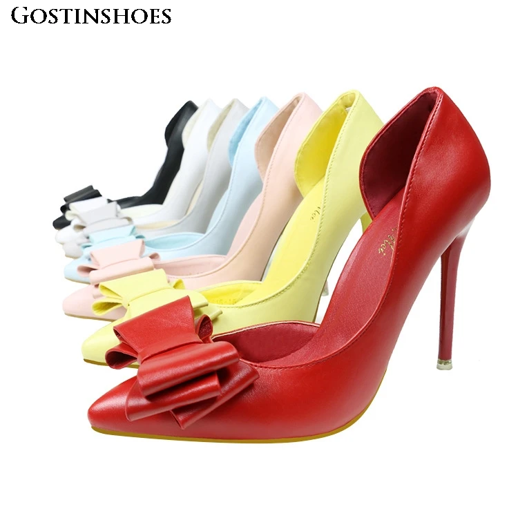 

Zapatos De Mujer Women High Heels Solid Leather Bow Shallow Pointed slip-on Pumps 10cm Thin Heel Escarpin Femme Talon Aiguille